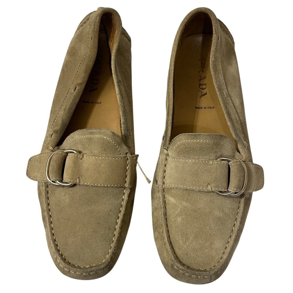 PRADA Driving Moccasins Beige Suede Rubber Sole Silver Buckle